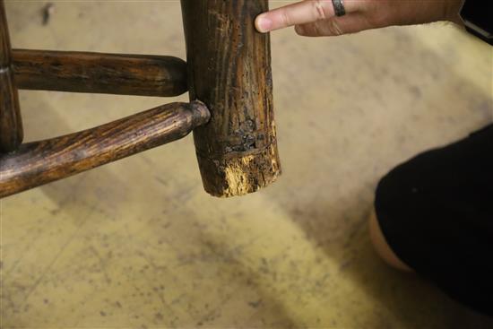 A 19th century turners chair, with triangular seat and ball-turned spars to back